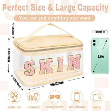 Chenille Letter Clear Makeup Bags Skin Pouch, Preppy Patch Makeup Bag Zipper with Handle, Transparen...