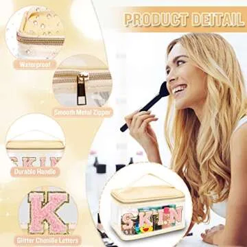 Chenille Letter Clear Makeup Bags Skin Pouch, Preppy Patch Makeup Bag Zipper with Handle, Transparent PVC & Nylon Waterproof Glitter Cosmetic Handbag Travel Toiletry Storage for Women Girl(SKIN-Beige)