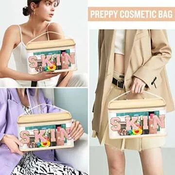 Chenille Letter Clear Makeup Bags Skin Pouch, Preppy Patch Makeup Bag Zipper with Handle, Transparent PVC & Nylon Waterproof Glitter Cosmetic Handbag Travel Toiletry Storage for Women Girl(SKIN-Beige)