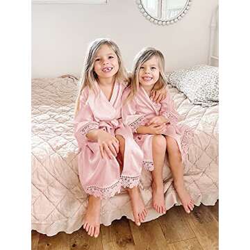 AW BRIDAL Flower Girl Satin Kimono Robes Kids Silky Bathrobes Sleepwear for Spa Birthday Party Wedding, Blush L