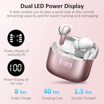 Wireless Earbud, Bluetooth Headphones 5.3 NEW 40H Ear Buds Bass Stereo Earphones Noise Cancelling Earbud with 4 ENC Mic, in-Ear Bluetooth Earbud USB-C LED Display IP7 Waterproof Sport for Android iOS