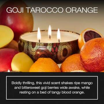 Voluspa Goji Tarocco Orange, 3 Wick Tin Candle, 12 Ounces, 40 Hour Burn Time, All Natural Wicks and Coconut Wax for Clean Burning, Vegan, Poured in the USA