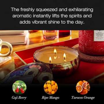 Voluspa Goji Tarocco Orange, 3 Wick Tin Candle, 12 Ounces, 40 Hour Burn Time, All Natural Wicks and Coconut Wax for Clean Burning, Vegan, Poured in the USA