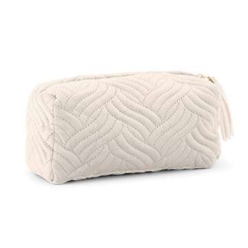 WEDDINGSTAR Small Personalized Velvet Quilted Makeup Bag For Women - Ivory Beige