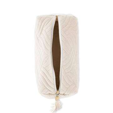 WEDDINGSTAR Small Personalized Velvet Quilted Makeup Bag For Women - Ivory Beige