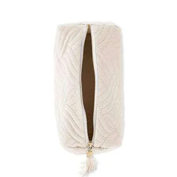 WEDDINGSTAR Small Personalized Velvet Quilted Makeup Bag For Women - Ivory Beige