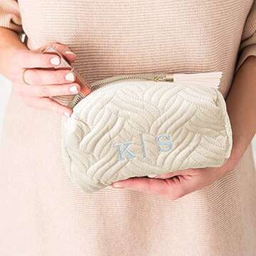 WEDDINGSTAR Small Personalized Velvet Quilted Makeup Bag For Women - Ivory Beige