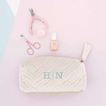 WEDDINGSTAR Small Personalized Velvet Quilted Makeup Bag For Women - Ivory Beige