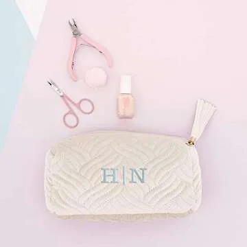 WEDDINGSTAR Small Personalized Velvet Quilted Makeup Bag For Women - Ivory Beige