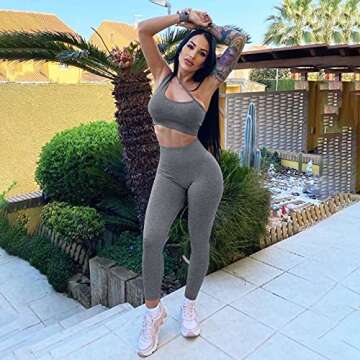 HYZ Women's Workout 2 Piece Outfit High Waist Sports Legging Stretch Yoga Crop Top Bra Sets Grey
