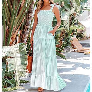 R.Vivimos Women's Summer Cotton Adjustable Straps Boho Stripe Casual Flowy A Line Midi Dress with Po...