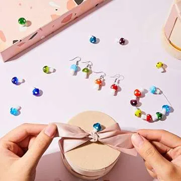 Mushroom Beads Charms Glass Lampwork Beads Mushroom Ornament for Jewelry Craft Necklace Bracelet Earring Making 12x16mm with Elastic Stretchy Bead Bracelet String (50 Pieces)