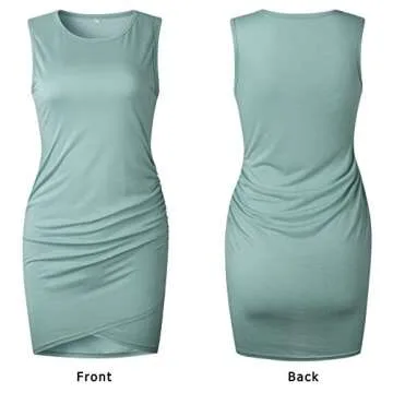 BTFBM Women 2025 Summer Sleeveless Tank Dresses Crew Neck Slim Fit Short Casual Ruched Bodycon Party Club Mini Dress(106Green, Small)