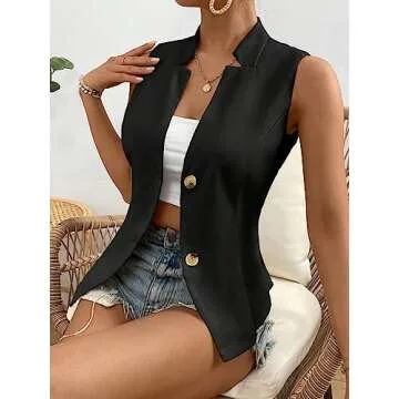 COZYEASE Women's Button Front Sleeveless Tank Top Solid Elegant Summer Blazer Outerwear Black L