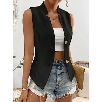 COZYEASE Women's Button Front Sleeveless Tank Top Solid Elegant Summer Blazer Outerwear Black L