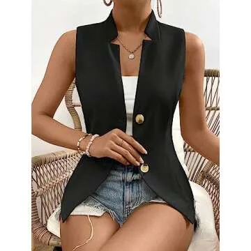 COZYEASE Women's Button Front Sleeveless Tank Top Solid Elegant Summer Blazer Outerwear Black L