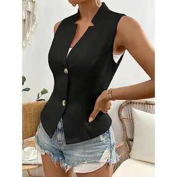 COZYEASE Women's Button Front Sleeveless Tank Top Solid Elegant Summer Blazer Outerwear Black L