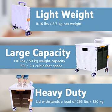 FELICON SELORSS Foldable Utility Cart Folding Portable Rolling Crate Handcart with Durable Heavy Duty Plastic Telescoping Handle Collapsible 4 Rotate Wheels for Travel Shop Move Luggage Office(Purple