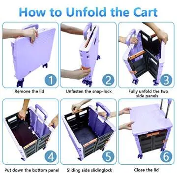 FELICON SELORSS Foldable Utility Cart Folding Portable Rolling Crate Handcart with Durable Heavy Duty Plastic Telescoping Handle Collapsible 4 Rotate Wheels for Travel Shop Move Luggage Office(Purple
