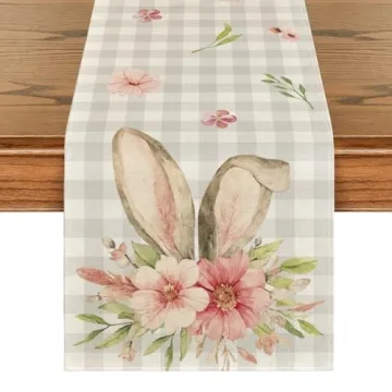 Artoid Mode Buffalo Plaid Bunny Rabbit Ears Flower Easter Table Runner, Spring Summer Seasonal Holid...