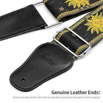 Guitar Strap, Vintage Embroidered Sun Straps with Genuine Leather Ends Guitar Shoulder Strap for Bas...