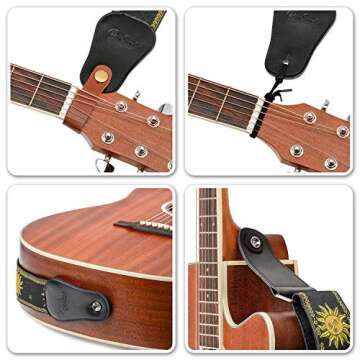 Guitar Strap, Vintage Embroidered Sun Straps with Genuine Leather Ends Guitar Shoulder Strap for Bass, Acoustic,Classical & Electric Guitar (Black)