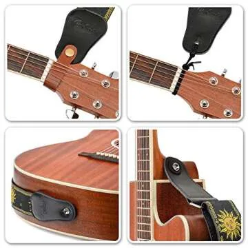 Guitar Strap, Vintage Embroidered Sun Straps with Genuine Leather Ends Guitar Shoulder Strap for Bass, Acoustic,Classical & Electric Guitar (Black)