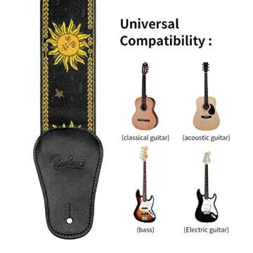 Guitar Strap, Vintage Embroidered Sun Straps with Genuine Leather Ends Guitar Shoulder Strap for Bass, Acoustic,Classical & Electric Guitar (Black)