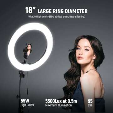 NEEWER Ring Light 18inch Kit: 55W 5600K Professional LED with Stand and Phone Holder for Tattoo Lash...