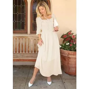 Anna-Kaci Vintage Dress Casual Long Puff Sleeve High Waist Smocked Chiffon Lace Flowy Summer Dress f...