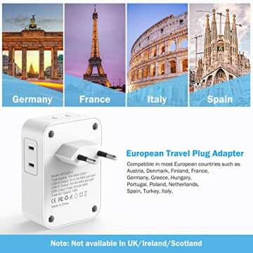 European Travel Plug Adapter, AUOPLUS International Power Plug Adapter with 3 USB Ports (1 USB C), 4 AC Outlets Cruise Ship Essentials for US to Most of Europe Spain Italy France Germany