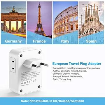European Travel Plug Adapter, AUOPLUS International Power Plug Adapter with 3 USB Ports (1 USB C), 4 AC Outlets Cruise Ship Essentials for US to Most of Europe Spain Italy France Germany