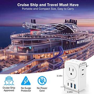 European Travel Plug Adapter, AUOPLUS International Power Plug Adapter with 3 USB Ports (1 USB C), 4 AC Outlets Cruise Ship Essentials for US to Most of Europe Spain Italy France Germany