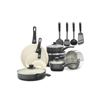 GreenLife Soft Grip 16 Piece Cookware Set with Utensils and Lids, Eco-Friendly Ceramic Nonstick