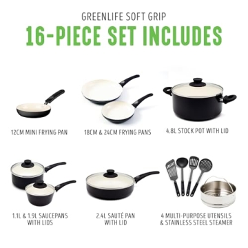 GreenLife Soft Grip 16 Piece Cookware Set Non-Toxic Ceramic Nonstick