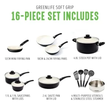 GreenLife Soft Grip 16 Piece Cookware Set Non-Toxic Ceramic Nonstick