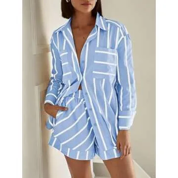 Bufushaoh Women's Striped 2 Piece Outfits Casual Oversized Button Down Shirts and Short Lounge Pajam...