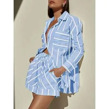 Bufushaoh Women's Blue Striped 2 Piece Lounge Set