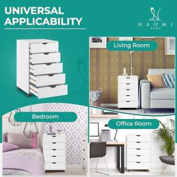 Naomi Home Taylor 5 Drawer Chest, Wood Storage Dresser Cabinet with Wheels, Craft Storage Organization, Makeup Drawer Unit for Closet, Bedroom, Office File Cabinet 180 lbs Total Capacity - White