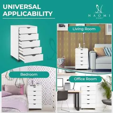 Naomi Home Taylor 5 Drawer Chest, Wood Storage Dresser Cabinet with Wheels, Craft Storage Organization, Makeup Drawer Unit for Closet, Bedroom, Office File Cabinet 180 lbs Total Capacity - White