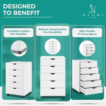 Naomi Home Taylor 5 Drawer Chest, Wood Storage Dresser Cabinet with Wheels, Craft Storage Organization, Makeup Drawer Unit for Closet, Bedroom, Office File Cabinet 180 lbs Total Capacity - White