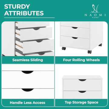 Naomi Home Taylor 5 Drawer Chest, Wood Storage Dresser Cabinet with Wheels, Craft Storage Organization, Makeup Drawer Unit for Closet, Bedroom, Office File Cabinet 180 lbs Total Capacity - White