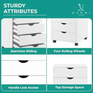 Naomi Home Taylor 5 Drawer Chest, Wood Storage Dresser Cabinet with Wheels, Craft Storage Organization, Makeup Drawer Unit for Closet, Bedroom, Office File Cabinet 180 lbs Total Capacity - White
