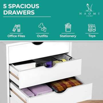 Naomi Home Taylor 5 Drawer Chest, Wood Storage Dresser Cabinet with Wheels, Craft Storage Organization, Makeup Drawer Unit for Closet, Bedroom, Office File Cabinet 180 lbs Total Capacity - White