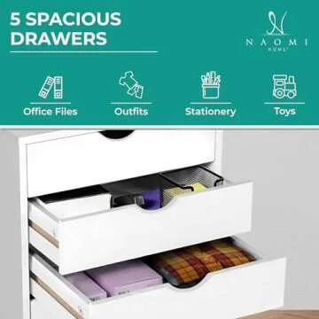 Naomi Home Taylor 5 Drawer Chest, Wood Storage Dresser Cabinet with Wheels, Craft Storage Organization, Makeup Drawer Unit for Closet, Bedroom, Office File Cabinet 180 lbs Total Capacity - White