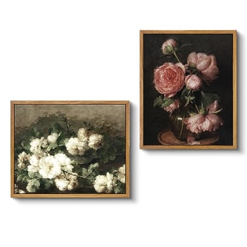 VIYYIEA Two Vintage Framed Wall Art, Peony and White Flower Painting Decor Aesthetic, Small Canvas P...