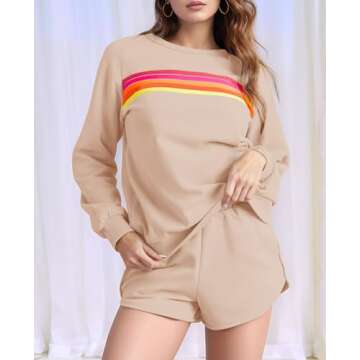 SELINK Women 2 Piece Outfits Sweatsuit Casual Striped Pullover and Shorts Sets Travel Tracksuit Khak...