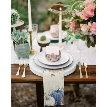 Lsrtoss Fall Blue Pumpkins Cloth Napkins Set of 8 Reusable Dinner Napkins, Thanksgiving Cocktail Napkin, Orange Gray Botanical Rustic Washable Table Napkins for Wedding/Party/Baby Shower 20"x20"