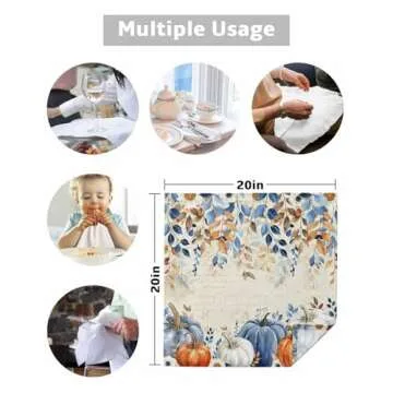 Lsrtoss Fall Blue Pumpkins Cloth Napkins Set of 8 Reusable Dinner Napkins, Thanksgiving Cocktail Napkin, Orange Gray Botanical Rustic Washable Table Napkins for Wedding/Party/Baby Shower 20"x20"