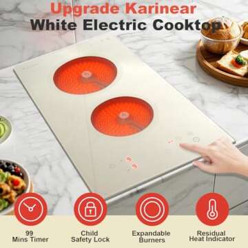 Karinear 2 Burners Electric Cooktop - Elegant Warm White Glass, 3200W Power, Timer & Safety Features